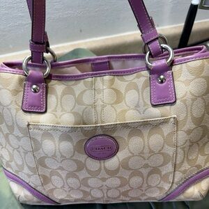 Coach Signature Canvas Tote / Shoulder Bag – Khaki & Purple
